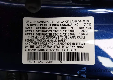 2015 Honda Cr-V Lx z USA, uszkodzony, nr VIN 2HKRM4H35FH622090
